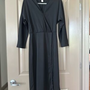 H&M Black Wrap-Front Long Sleeve Midi Dress